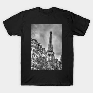 Eiffel Tower Paris, Behind The Town Houses, Black And White T-Shirt